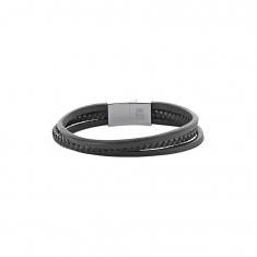 Bracelet 3 rangs en cuir de bovin lisse et tressé noir, fermoir acier