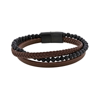 Bracelet 3 rangs en cuir de bovin lisse et tressé, orné de pierres de lave marron