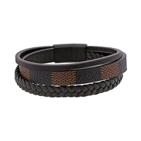 Bracelet 3 rangs lisse, tressé et large à motifs en cuir de bovin noir et marron, et en acier