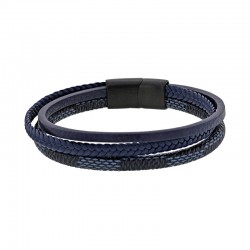 Bracelet 3 rangs tressé en tissu synthétique noir/bleu, fermoir acier