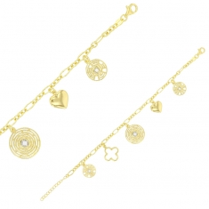 Bracelet 3 ronds en pampilles, coeur et fleur et oxydes en argent 925/1000 doré