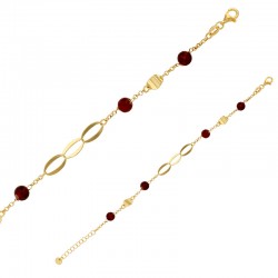 Bracelet 4 boules en jade teinté grenat et 3 ovales entrelacés argent 925/1000 doré