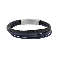 Bracelet 4 rangs cuir de bovin lisse et tressé noir et bleu marine, fermoir acier