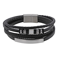 Bracelet 4 rangs cuir de bovin noir à motif, fermoir aimanté acier