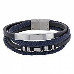 Bracelet 4 rangs cuir de bovin noir et bleu à motif, fermoir aimanté acier