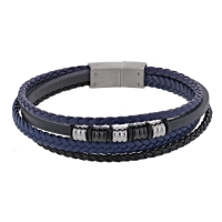 Bracelet 4 rangs cuir de bovin noir et en acier