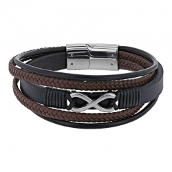 Bracelet 4 rangs cuir de bovin noir et marron, motif infini et fermoir acier