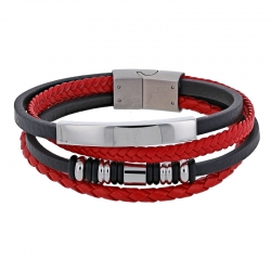 Bracelet 4 rangs cuir de bovin noir et rouge à motif, fermoir aimanté acier