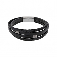 Bracelet 4 rangs cuir de bovin tressé et lisse noir, éléments et fermoir acier