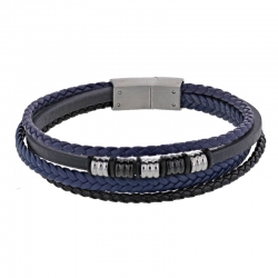 Bracelet 4 rangs en cuir de bovin et acier, noir et bleu