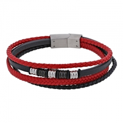 Bracelet 4 rangs en cuir de bovin et acier, noir et rouge