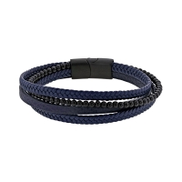Bracelet 4 rangs en cuir de bovin lisse et tressé, orné de perles de verre bleu et noir