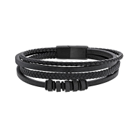 Bracelet 4 rangs en cuir de bovin noir, lisse, tressé avec anneaux et fermoir en acier