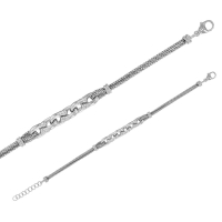 Bracelet 4 rangs mailles perlées et lyres, argent 925/1000 platiné