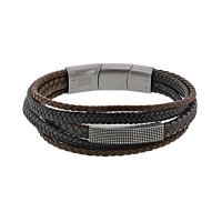 Bracelet 5 rangs tressés cuir de bovin et microfibre marron-noir, plaque et fermoir acier
