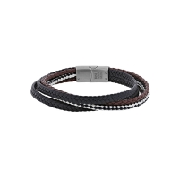 Bracelet 5 rangs tressés cuir de bovin noir, marron et noir-blanc, fermoir acier