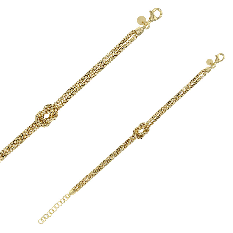 Bracelet à deux rangs en maille pop-corn avec grand noeud, argent 925/1000 doré