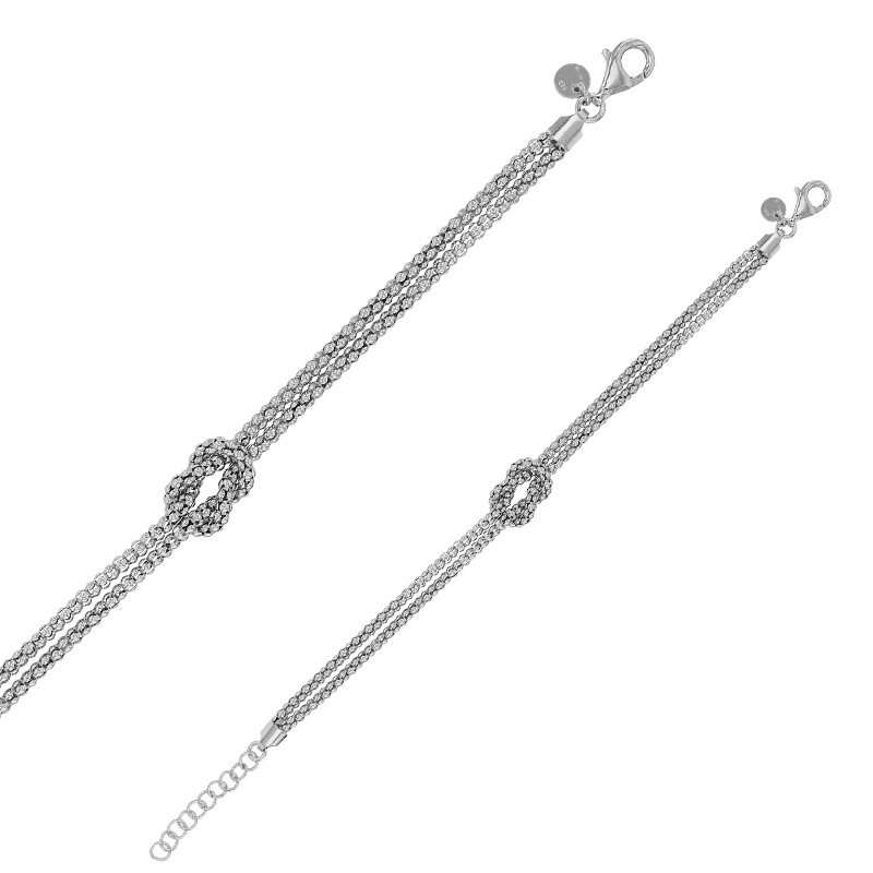 Bracelet à deux rangs en maille pop-corn avec grand noeud, argent 925/1000 rhodié