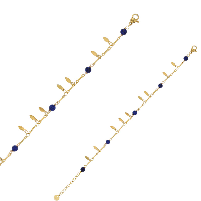 Bracelet à pampilles feuilles en acier doré, orné de boules en sodalite