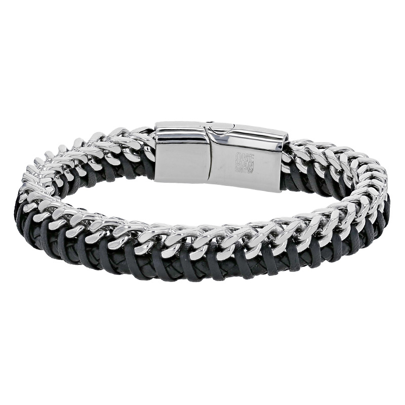 Bracelet à tresses en acier et cuir de bovin noir entrelacés
