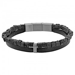 Bracelet acier 2 rangs en cuir de bovin noir avec pierres de lave, fermoir aimanté