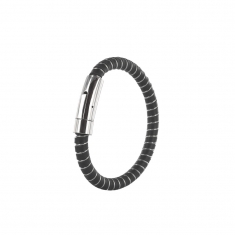 Bracelet acier, cuir de bovin nubuck noir et finition pigmentée