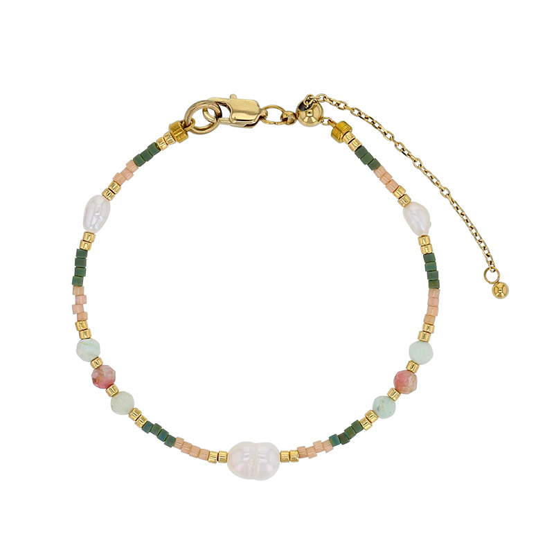Bracelet acier doré et perles de verre Miyuki, perle de culture d'eau douce, héliolite, opale verte