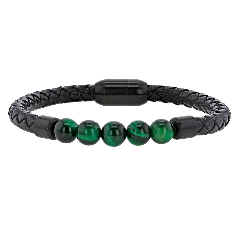 Bracelet acier en cuir de bovin noir tressé avec 5 boules en malachite, fermoir aimanté