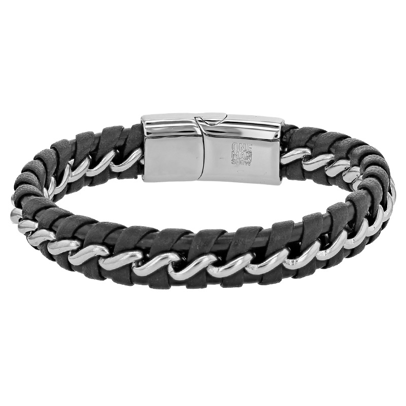Bracelet acier entouré de cuir de bovin noir