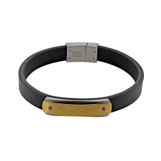 Bracelet Acier et Acier doré cuir de bovin noir