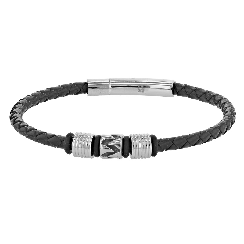 Bracelet acier et cuir de bovin avec 4 rondelles en caoutchouc