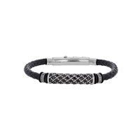 Bracelet acier et cuir de bovin noir, perle tube 