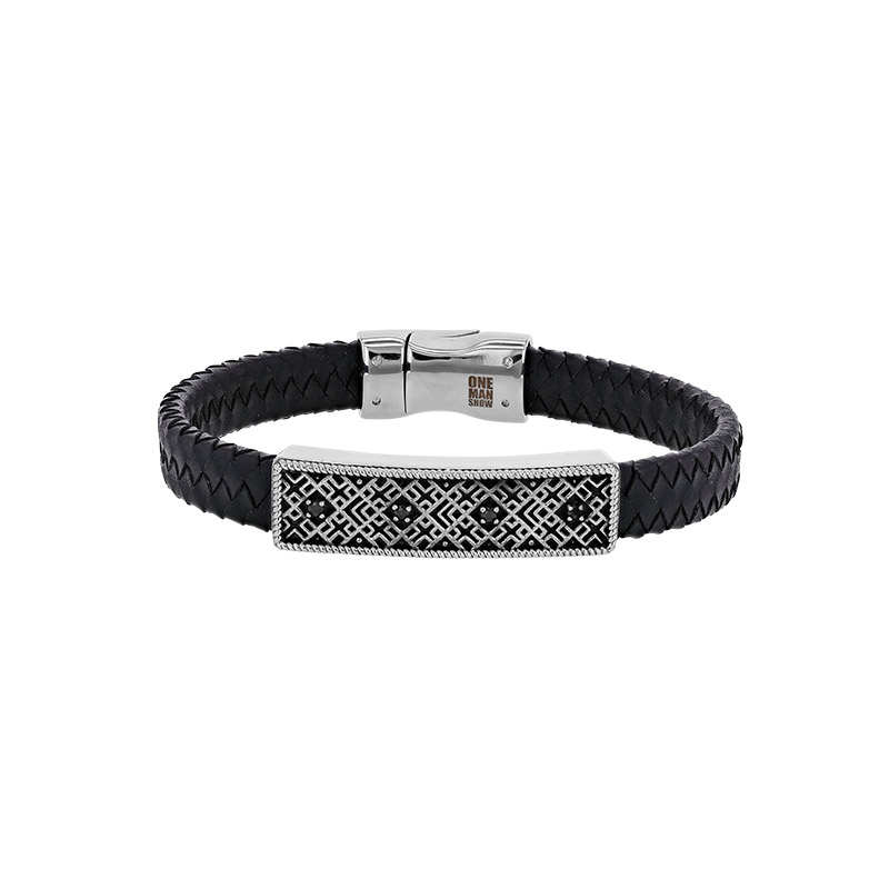 Bracelet acier et cuir de bovin noir, plaque Baroque avec oxydes noirs, fermoir aimanté