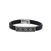 Bracelet acier et cuir de bovin noir, plaque Baroque avec oxydes noirs, fermoir aimanté