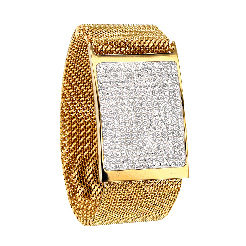 Bracelet acier milanais doré avec plaque de cristaux, fermoir aimanté
