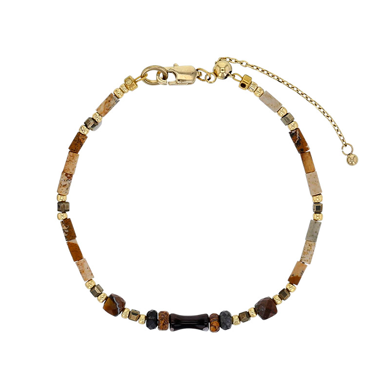 Bracelet acier, perles de verre Miyuki, jaspe paysage, Oeil de tigre, obsidienne noire, hématite
