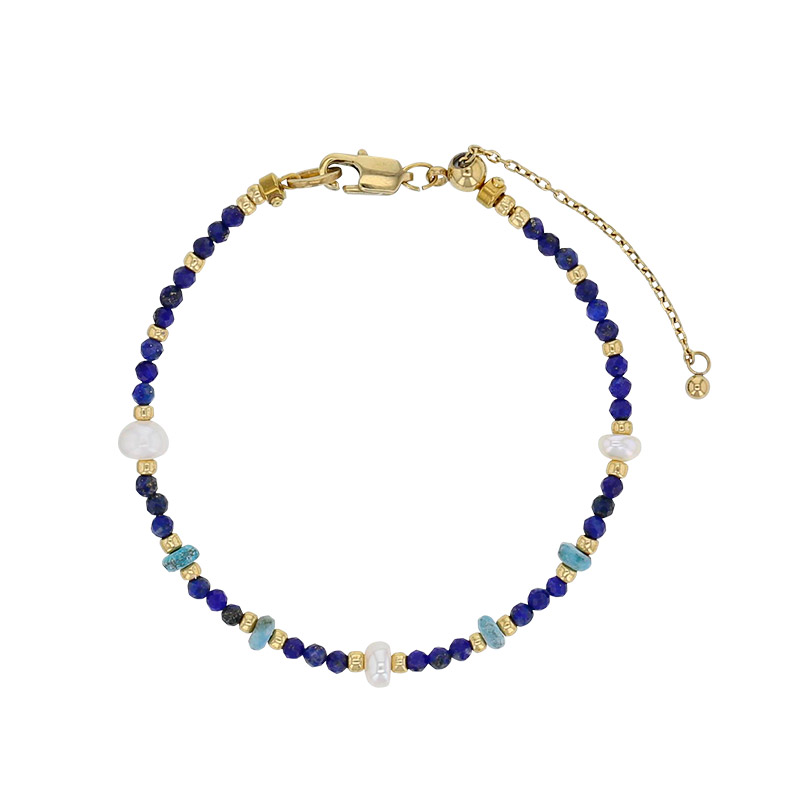 Bracelet acier, perles de verre Miyuki, perle d'eau douce, lapis lazuli, turquoise reconstituée