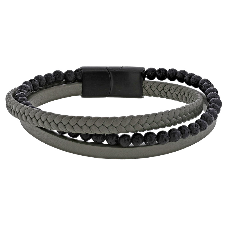 Bracelet acier 3 rangs cuir de bovin gris lisse, tressé, et orné de pierres de lave, fermoir aimanté