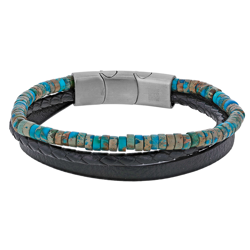 Bracelet acier 3 rangs cuir de bovin noir, lisse et tressé, orné de jaspe turquoise, fermoir aimanté