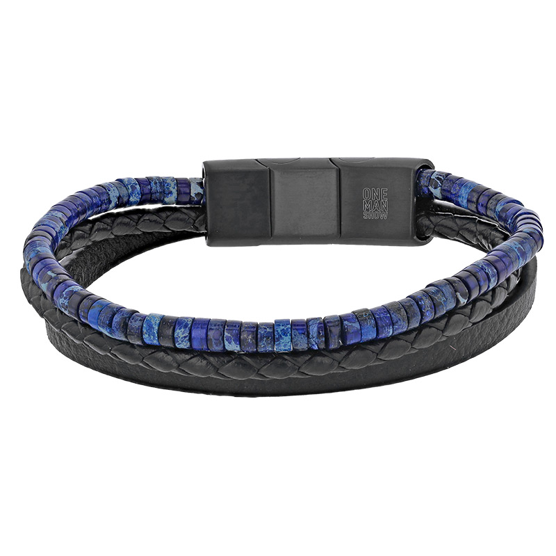 Bracelet acier 3 rangs cuir de bovin noir, lisse, tressé, orné de jaspe bleu foncé, fermoir aimanté