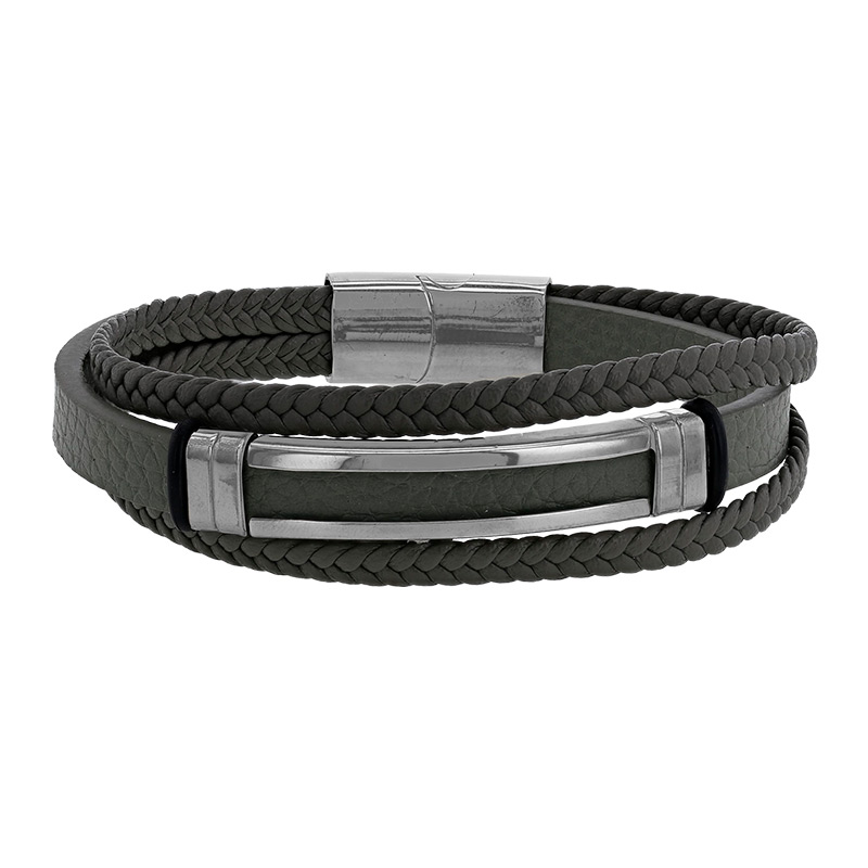Bracelet  acier 3 rangs en cuir de bovin gris tressé et lisse, fermoir aimanté