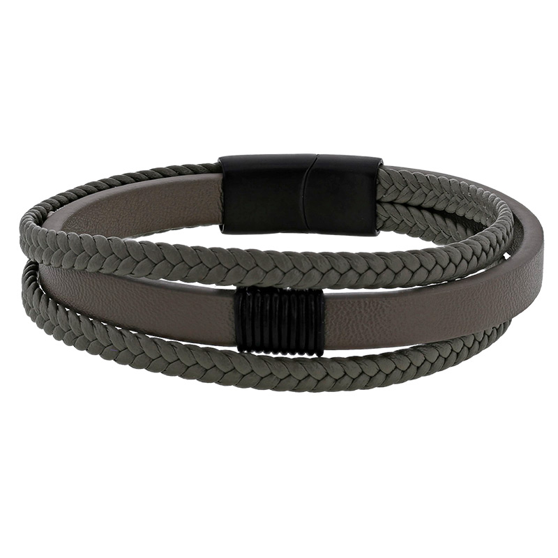 Bracelet acier 3 rangs en cuir de bovin gris tressé et lisse, fermoir aimanté noir