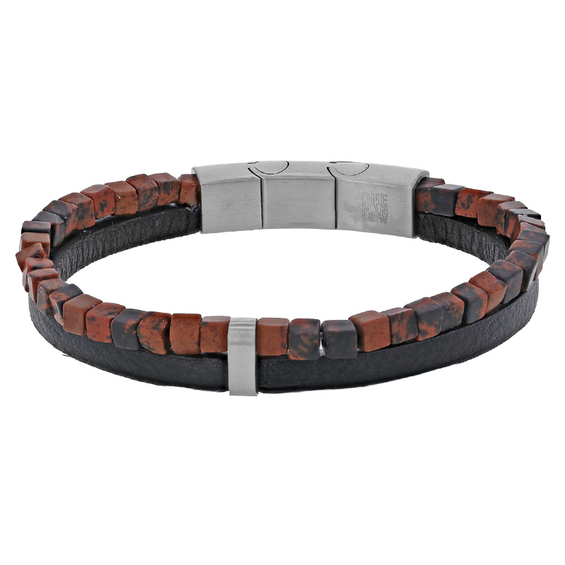 Bracelet acier 2 rangs en cuir de bovin noir avec jaspe sésame rouge, fermoir aimanté