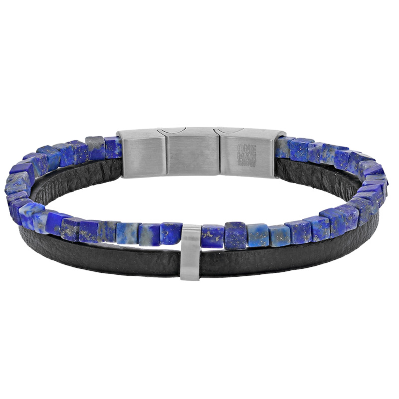 Bracelet acier 2 rangs en cuir de bovin noir avec lapis-lazuli, fermoir aimanté
