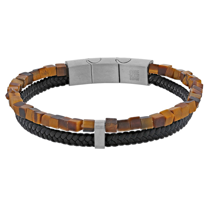 Bracelet acier 2 rangs en cuir de bovin noir avec oeil de tigre, fermoir aimanté