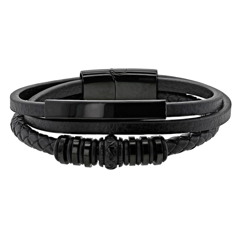 Bracelet acier 3 rangs en cuir de bovin noir avec rondelles en caoutchouc, fermoir aimanté