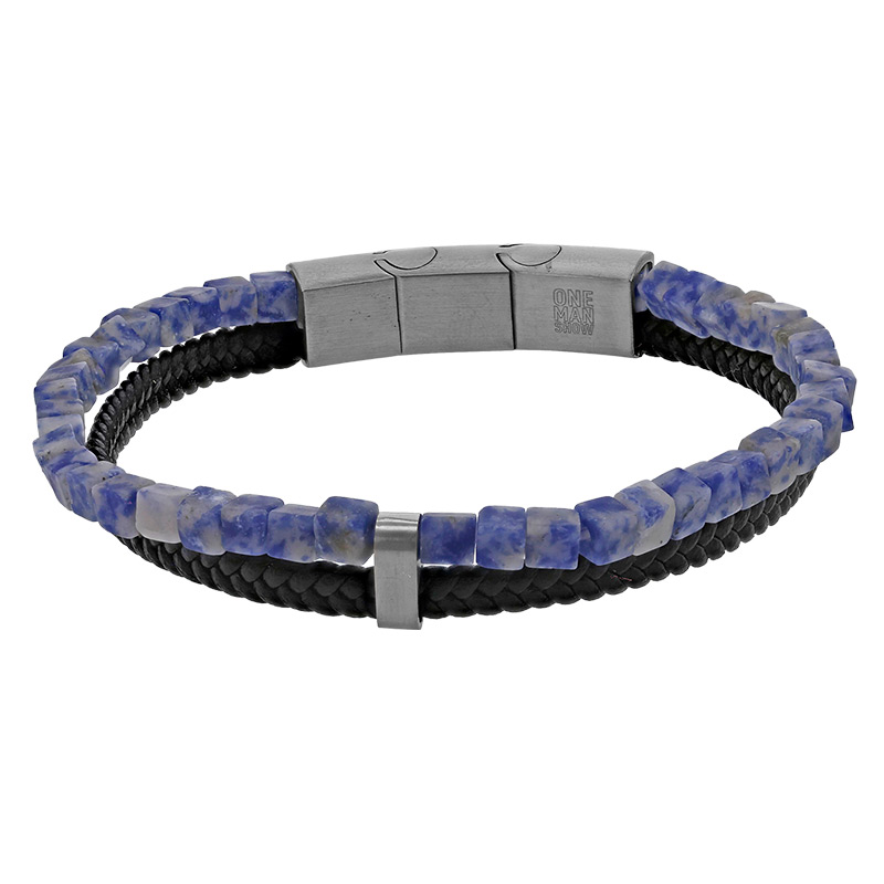 Bracelet acier 2 rangs en cuir de bovin noir avec sodalite, fermoir aimanté
