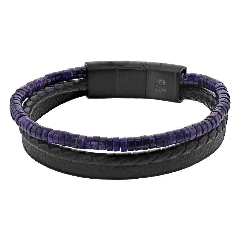 Bracelet acier 3 rangs en cuir de bovin noir, lisse et tressé, orné de jaspe violet, fermoir aimanté