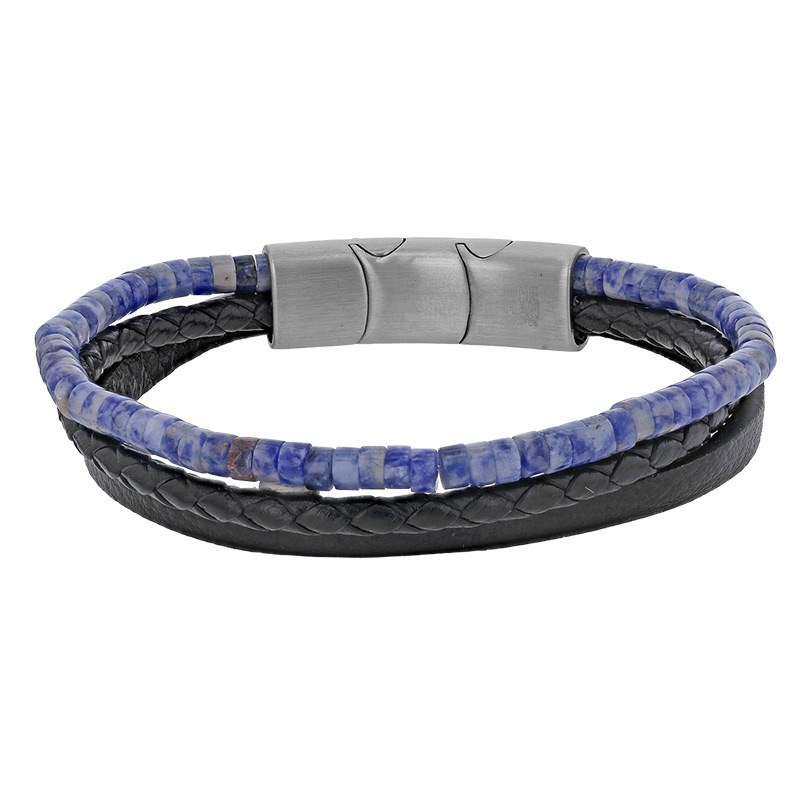 Bracelet acier 3 rangs en cuir de bovin noir, lisse et tressé, orné de sodalite, fermoir aimanté