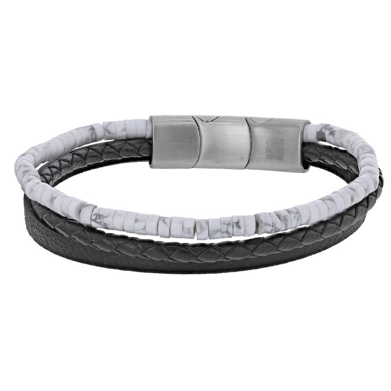 Bracelet acier 3 rangs en cuir de bovin noir, lisse, tressé et orné de howlite, fermoir aimanté